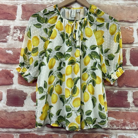 Joie Top Women's XS Yellow Citrus Lemon Print Sheer Chiffon Puff Sleeve Shirt - Picture 7 of 9